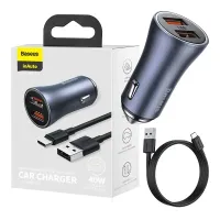 Baseus Golden Contactor Pro Car Charger 2x USB, 40W (gray) +  Cable USB to USB-C 1m (black)