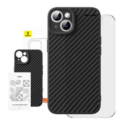 Baseuse sünteetilisest kiust iPhone 15 Plus ümbris + karastatud klaas
