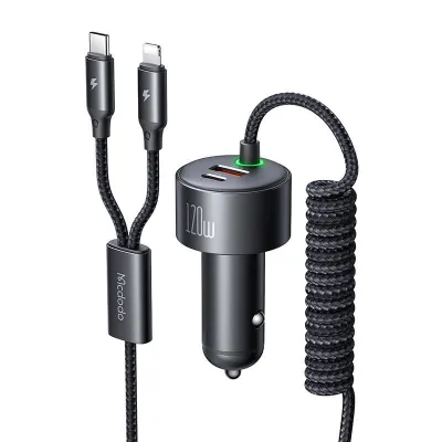 Mcdodo CC-0370 autolaadija, USB-C, Lightning, 120W, sissetõmmatavad kaablid