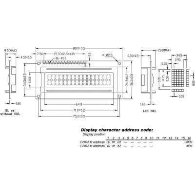 LCD 16 x 2 табло (ОТРАЖАЮЩИЙ, ВИД СНИЗУ)