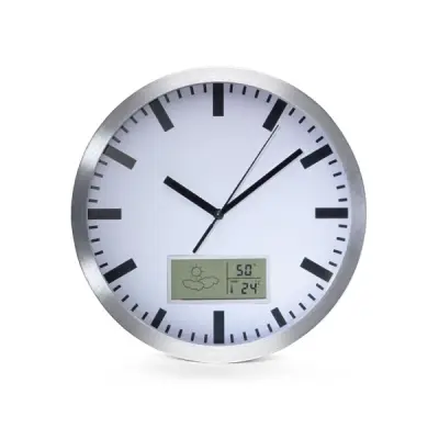 Alumiiniumist LCD-ga seinakell + termomeeter/hügromeeter ja ilmaennustus - Ø 25 cm