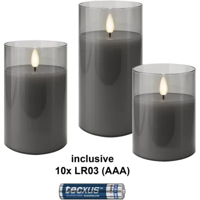 Set of 3 LED Real Wax Candles in Glass, Grey-Transparent, incl. 10x AAA (LR03)