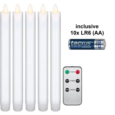 Set of 5 White LED Real Wax Rod Candles, incl. Remote Control and 10x AA (LR6)