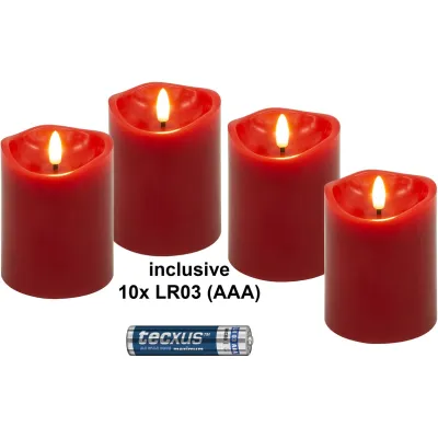 Set of 4 LED Real Wax Candles, red, incl. 12x AAA (LR03)