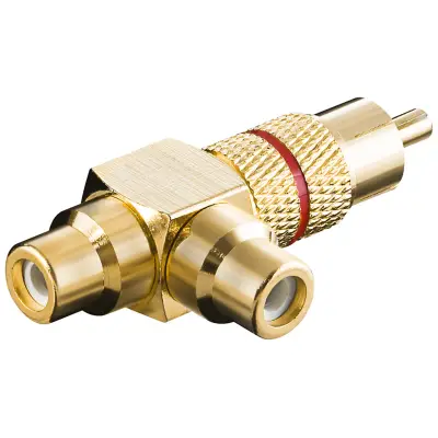 RCA Y Adapter, Male to 2x Female, Gold Version, red