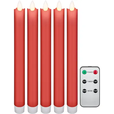 Set of 5 Red LED Real Wax Rod Candles, incl. Remote Control