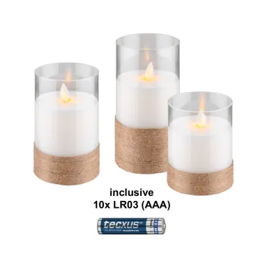 Set of 3 LED Real Wax Candles in Glass, White, Wrapped with Hemp, incl. 8x AA (LR6)