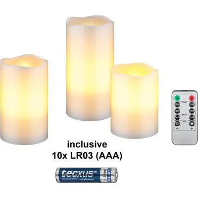 Set of 3 LED Real Wax Candles, white, incl. 10x AAA (LR03)