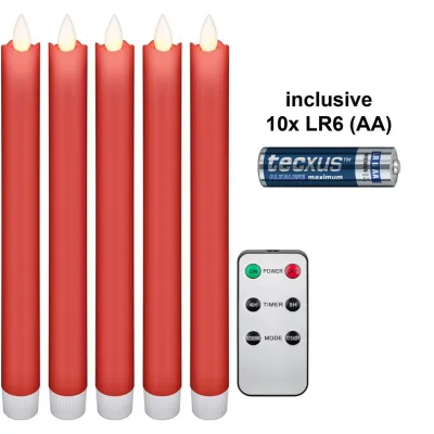 Set of 5 Red LED Real Wax Rod Candles, incl. Remote Control and 10x AA (LR6)