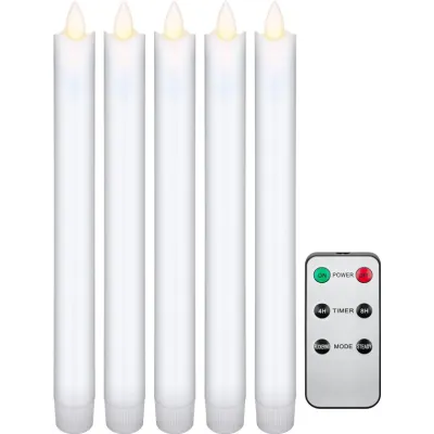 Set of 5 White LED Real Wax Rod Candles, incl. Remote Control