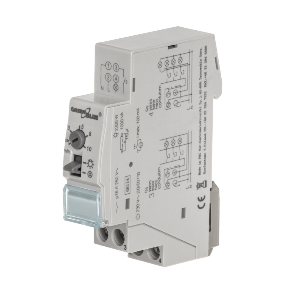 Valguse taimer 30s...10min 230VAC 2300W DPST-NO DIN liistule