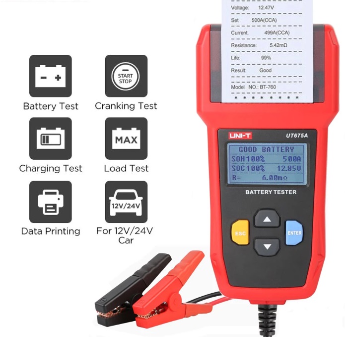Akutester auto akudele 12V 30 - 200Ah ( 12/24V laadimistest) USB sisend + printer
