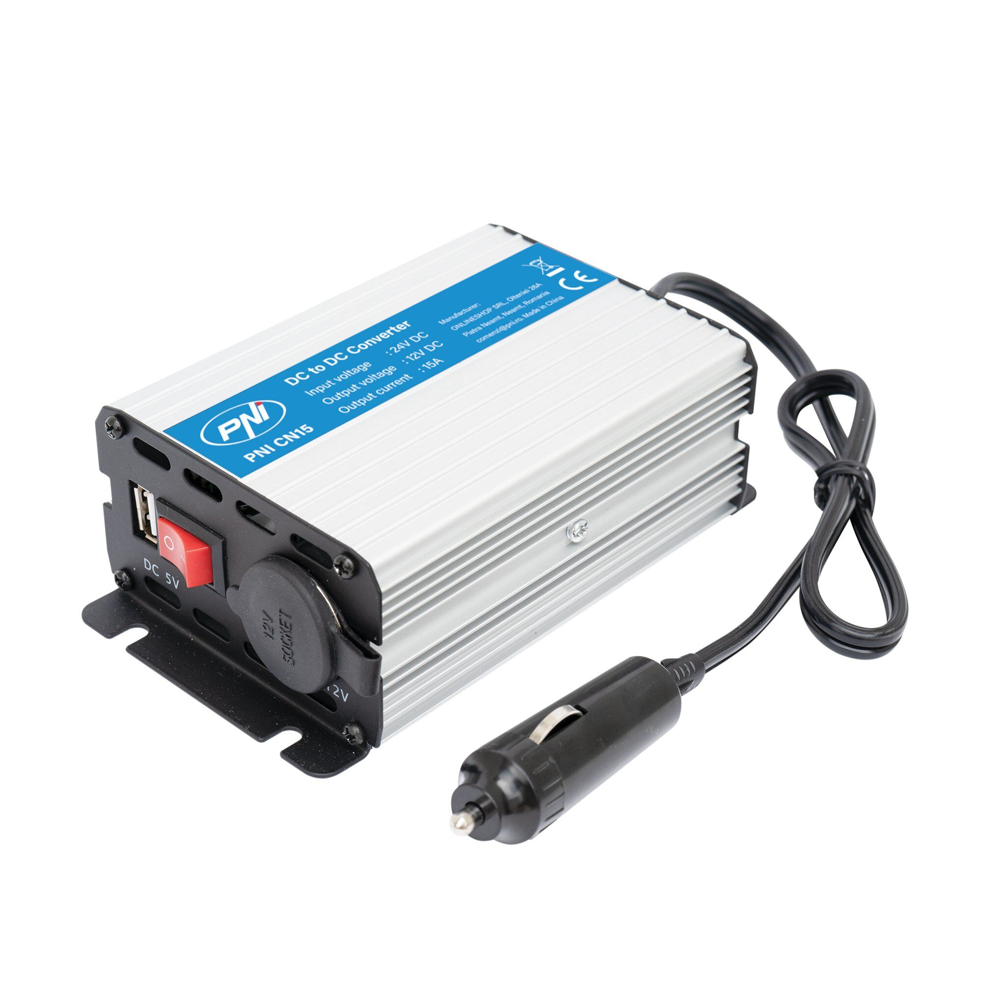 Muundur 24VDC->12VDC 15A USB