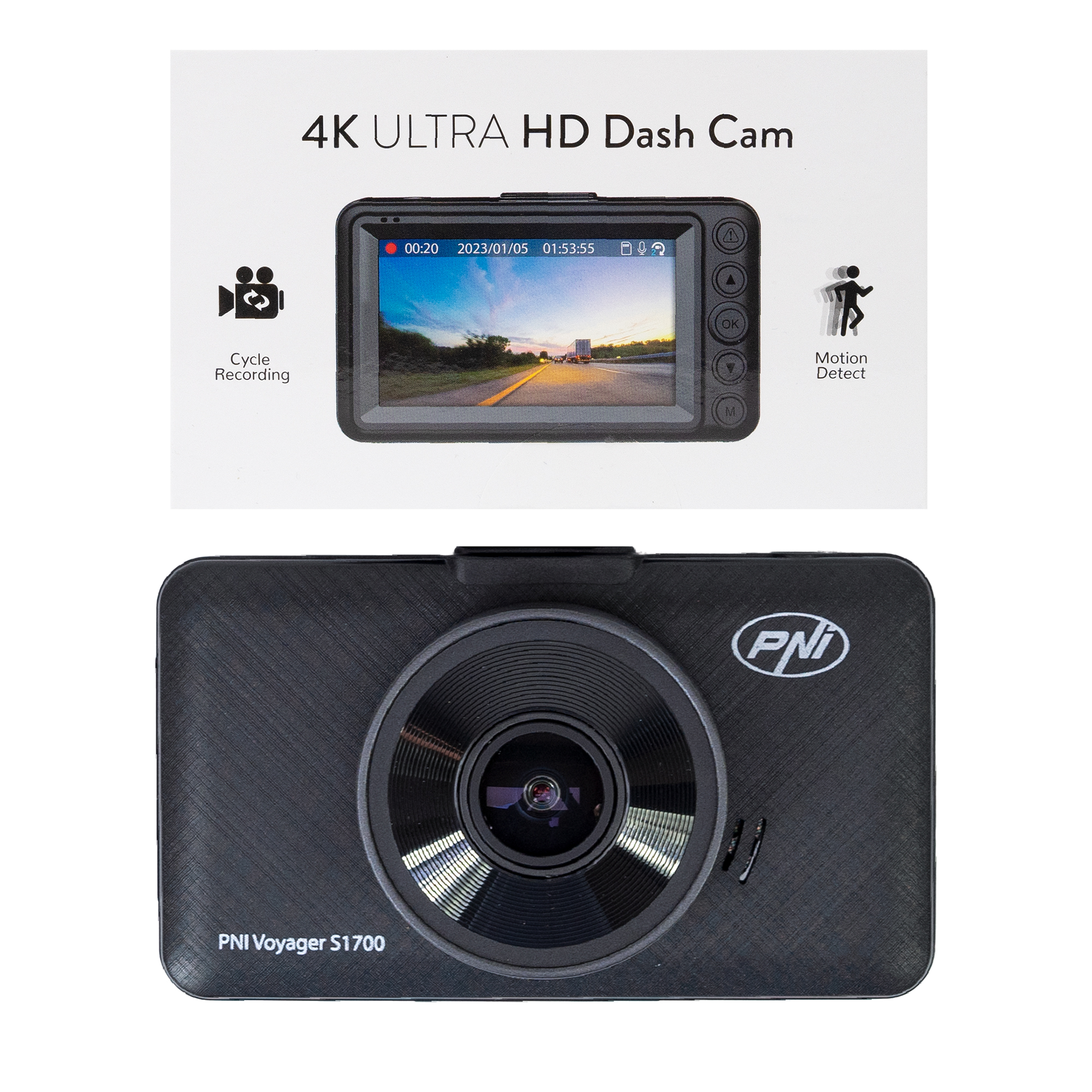PNI Voyager S1700 4K UHD car DVR camera, 3 inch screen, cyclic recording, parking monitoring