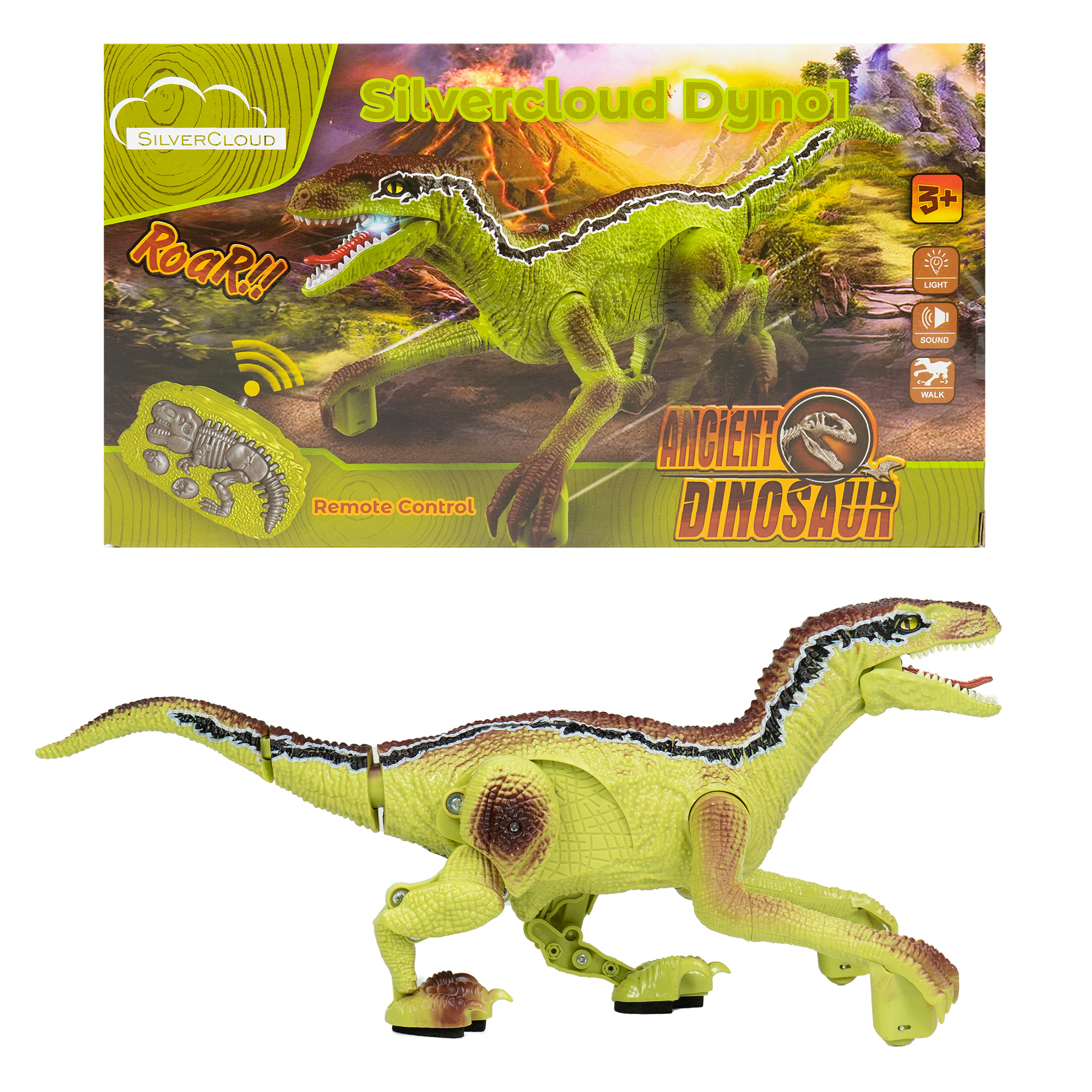 Silvercloud Dyno1 dinosauruse mänguasi puldiga, 4 heli, LED, sisseehitatud aku 500mAh