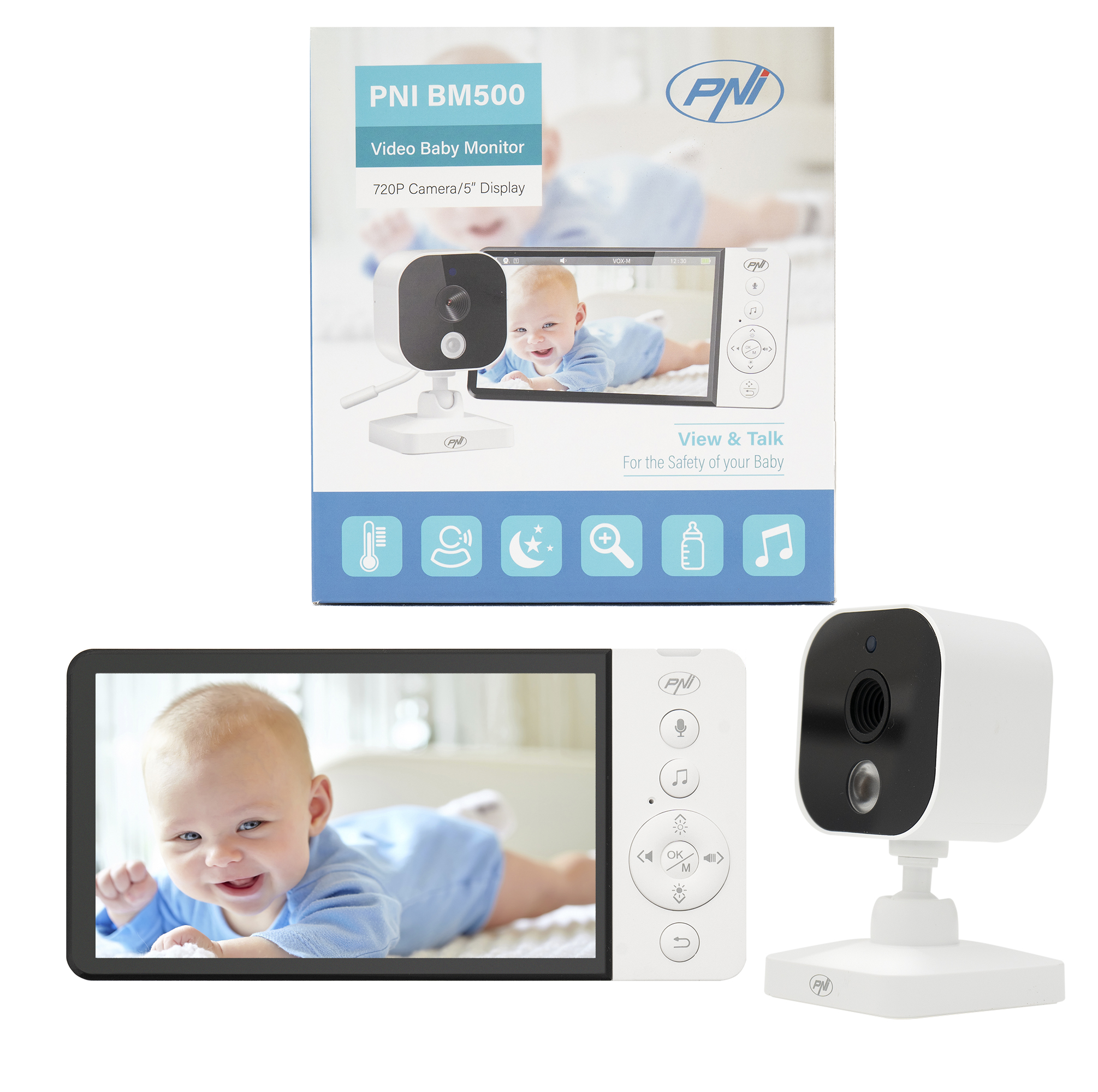 Video Baby Monitor PNI BM500 5 inch wireless 2.4 GHz, temperature sensor, VOX, night vision, zoom