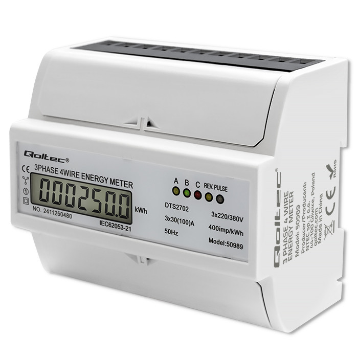 Qoltec kolmefaasiline kahesuunaline elektrooniline elektriarvesti DIN-liistule 400V 100A LCD 4P