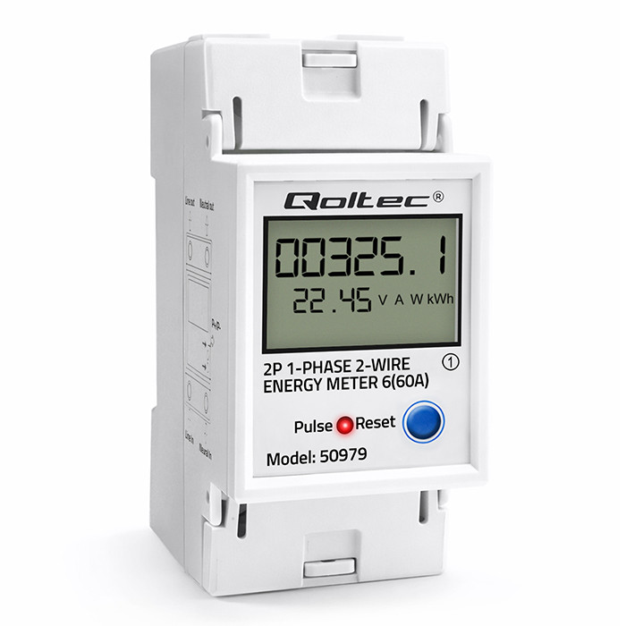 Qoltec ühefaasiline elektrooniline elektriarvesti DIN-liistule, RESET perioodiline ja pidev mõõtmine, 230V 60A LCD LED 2P