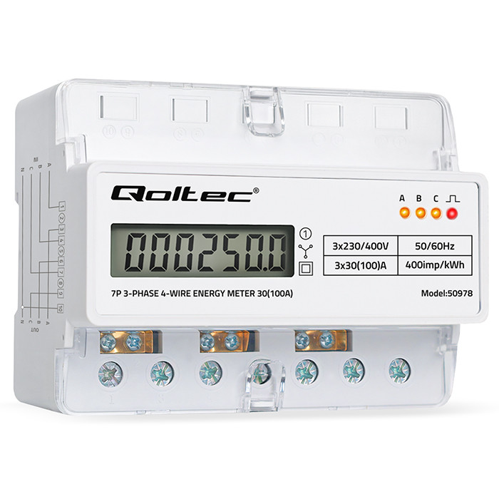 Qoltec kolmefaasiline elektrooniline elektriarvesti DIN-liistule 400V 100A LCD LED 7P