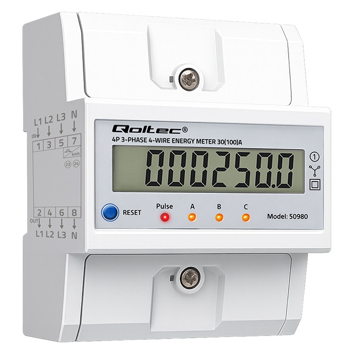 Qoltec kolmefaasiline elektrooniline elektriarvesti lähtestamisega, DIN-liistule 400V 100A LCD LED 4P
