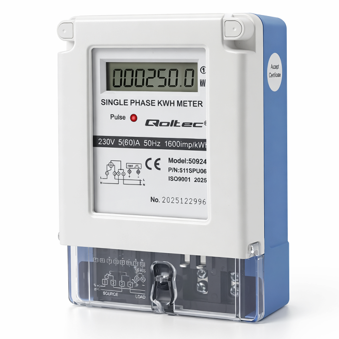 Qoltec ühefaasiline elektrooniline voolumõõtja Energiatarbimise mõõtja 230V 5(60)A LCD