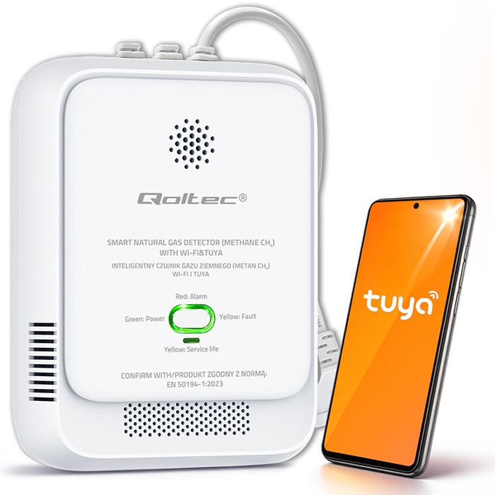 Qoltec sertifitseeritud maagaasilekke andur CH4 detektor NG Tuya Wi-Fi 85dB alarm LED