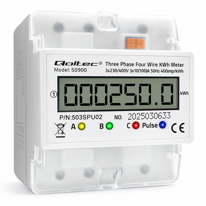 Qoltec kolmefaasiline elektrooniline elektriarvesti 400V LCD 4P DIN-liistule