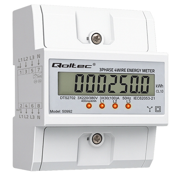 Qoltec Kolmefaasiline elektrooniline DIN-liistu elektriarvesti 400V 100A LCD 4P