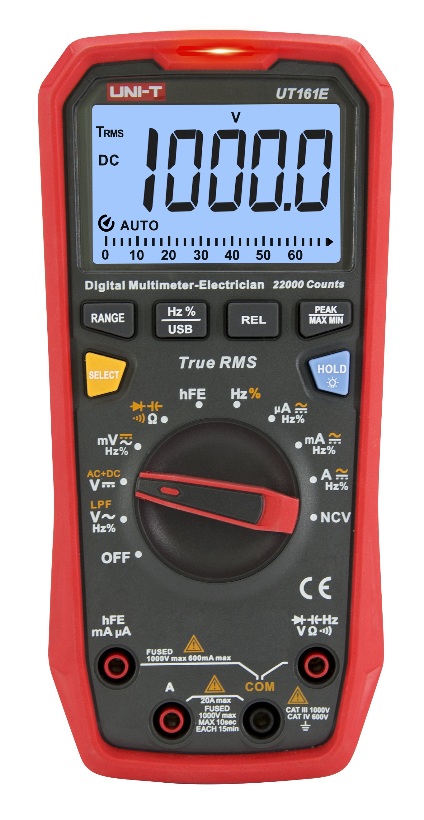 Multimeeter Uni-T UT161E ACA/DCA/ACV/DCV/R/F TRMS tulpdiagramm CAT III 1000V BT