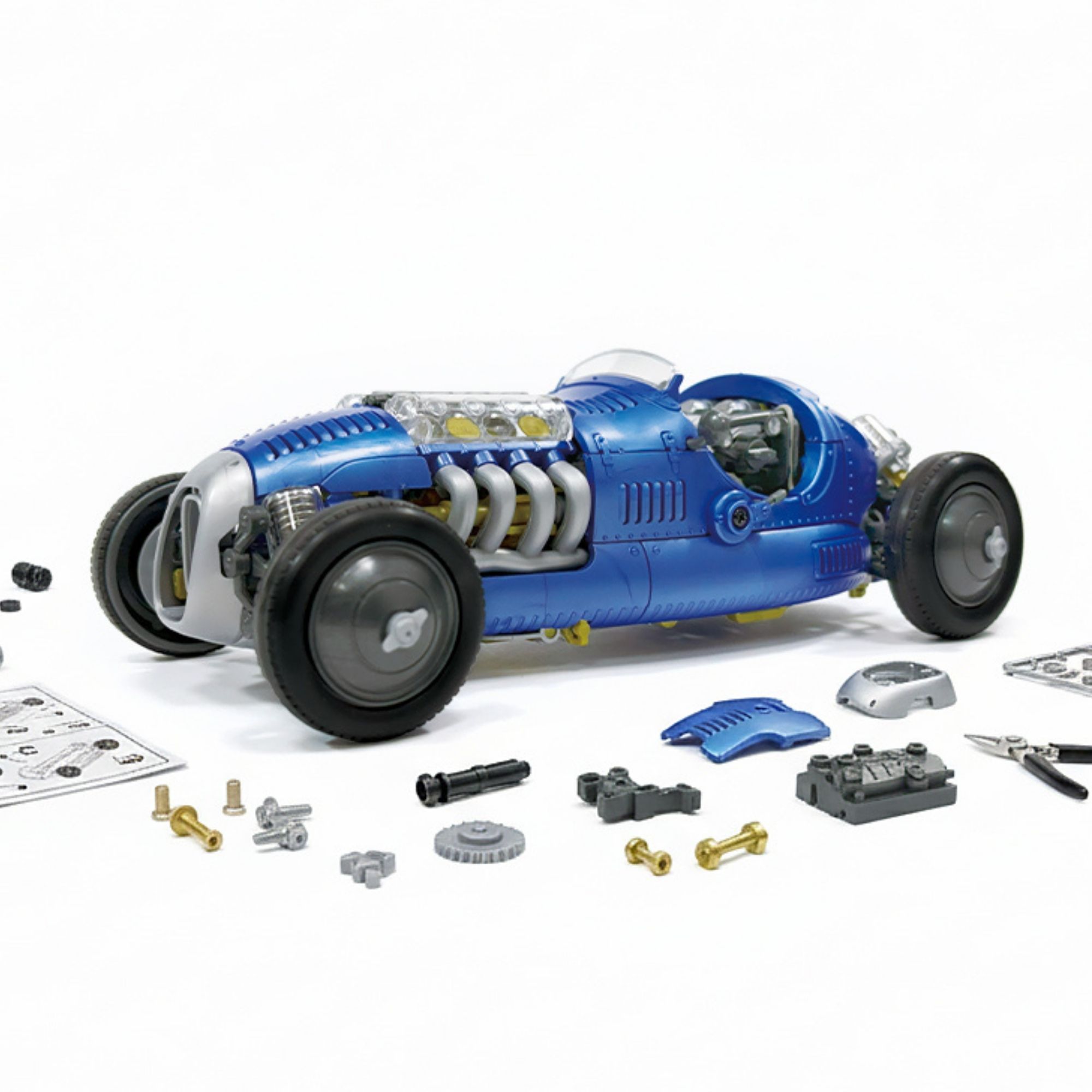 Blue retro race car model kit with working V8 engine