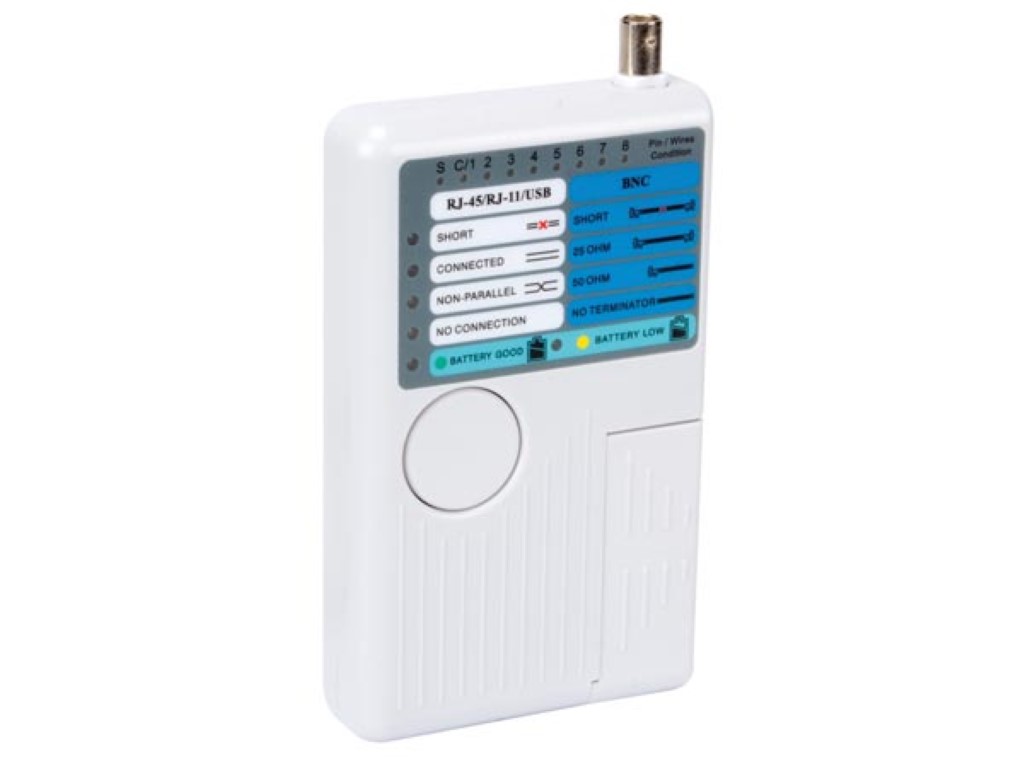 USB and LAN tester: USB-A, USB-B, BNC, 8P8C (RJ45), 6P6C (RJ12), 6P2C (RJ11), 4P4C (RJ10)
